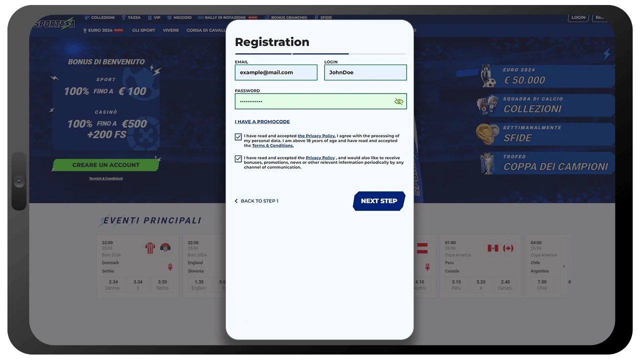 registrazione al casinò Sportaza